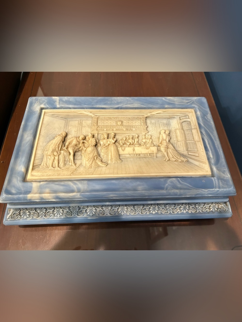 Vintage Incolay Stone Bas Relief Renaissance Scene Trinket Box in Blue and Ivory